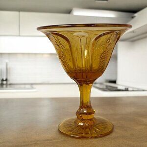 Vintage Red Cliff Glass Compote Pedestal Candy Dish Honey Amber Embossed Grapes